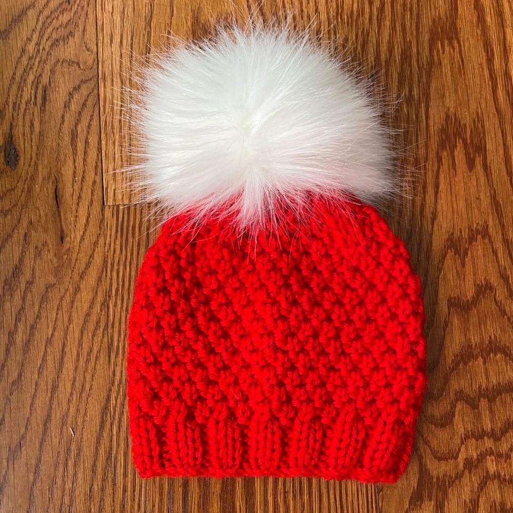 Christmas Handmade Knit Baby Hat with Pom Poms, Red White Chunky Beanie